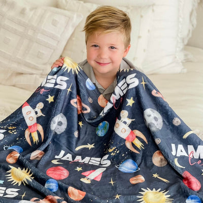 space themed personalized kids blanket 