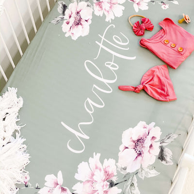 personalized crib sheet sage and blush floral 