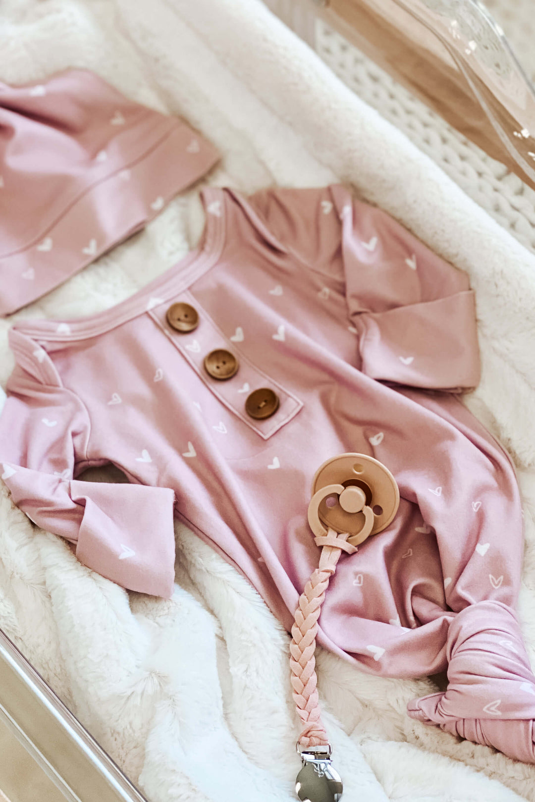 Tiny Hearts in Dusty Pink Newborn Baby Knot Gown Hat Set Caden