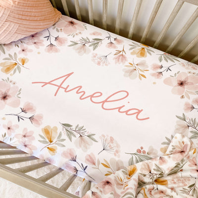 mauve and mustard floral personalized crib sheet 