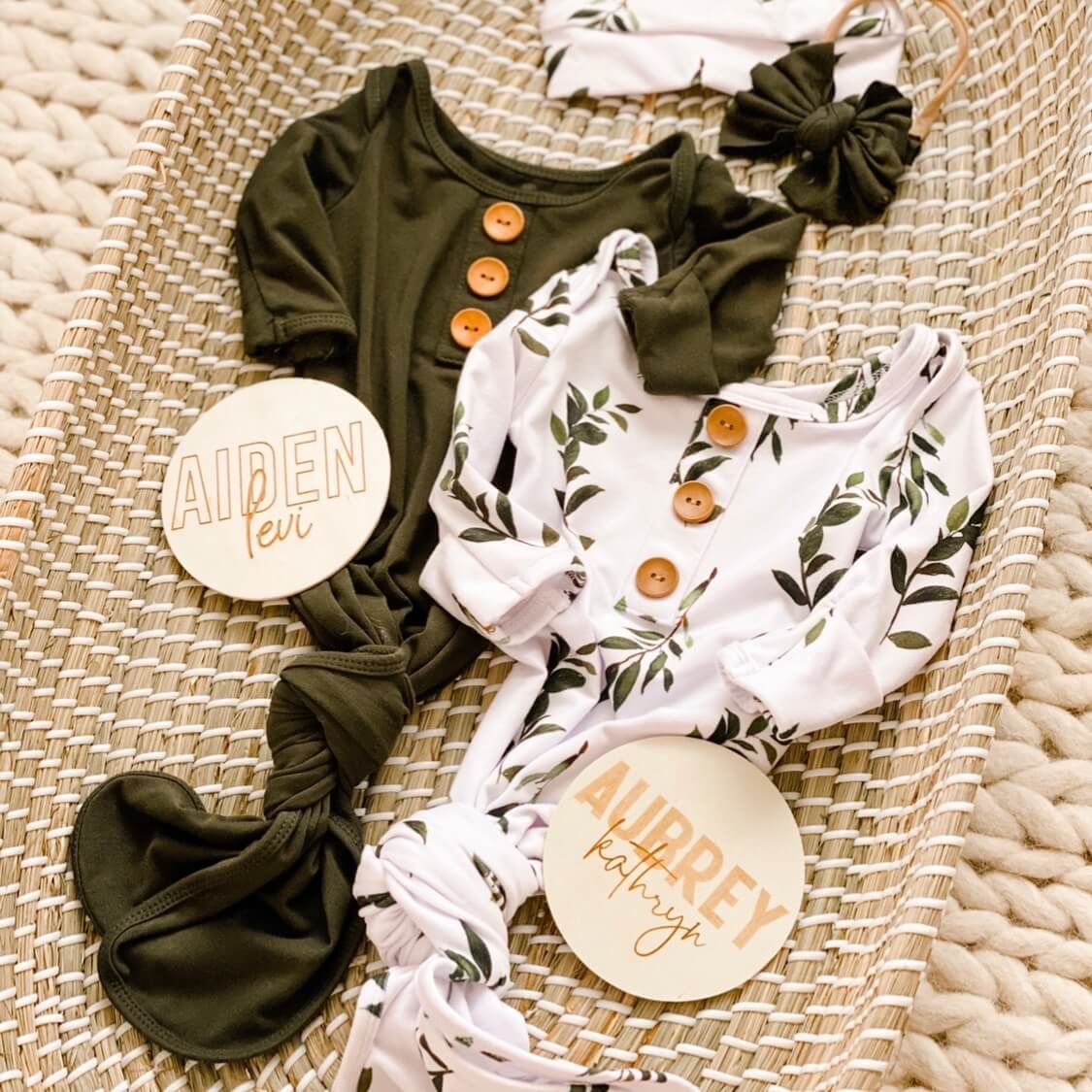 newborn knot gown and hat set with olive branches 