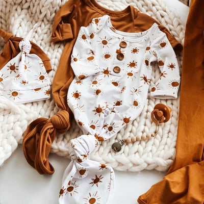 orange sun newborn knot gown and hat set outfit 