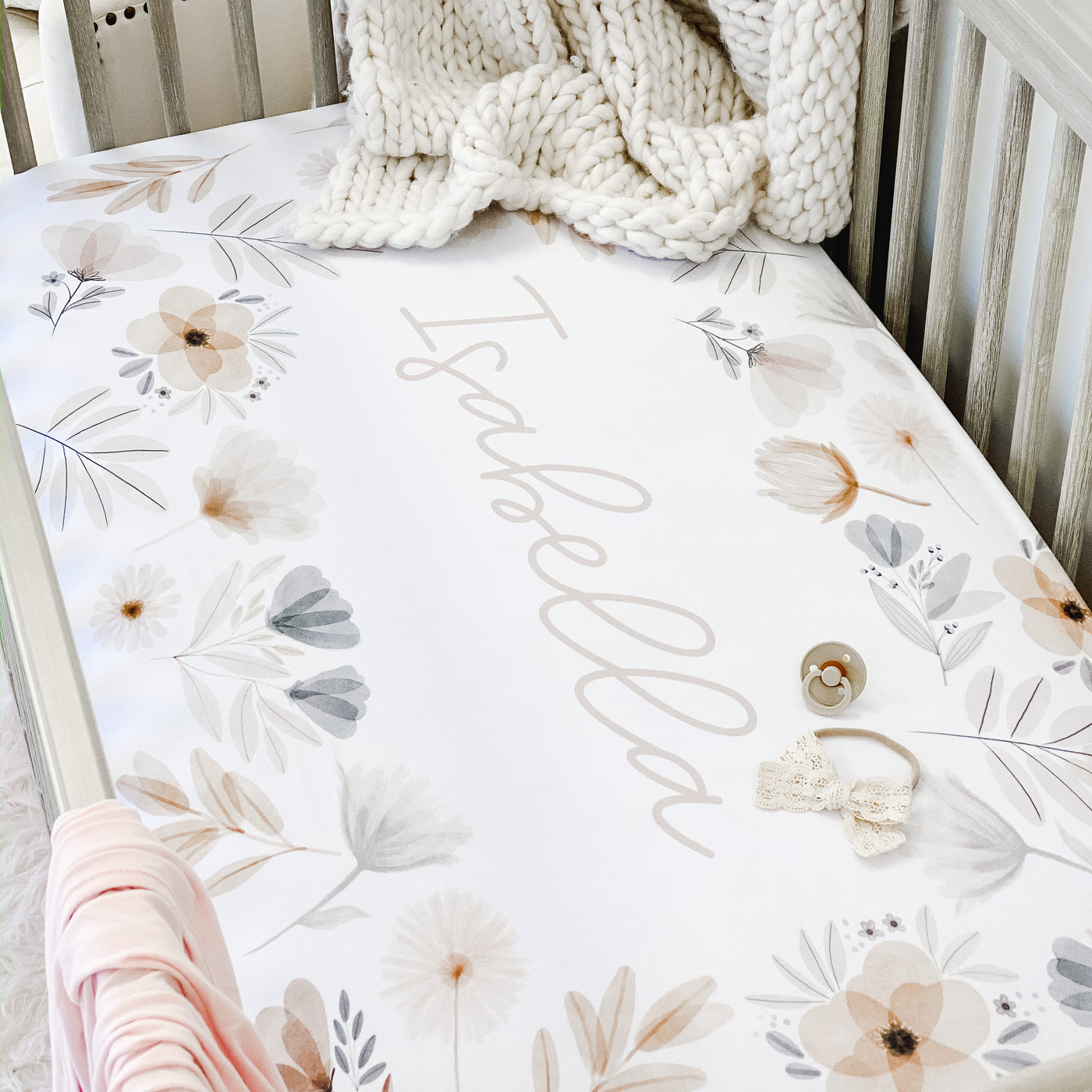 neutral floral personalized crib sheet 