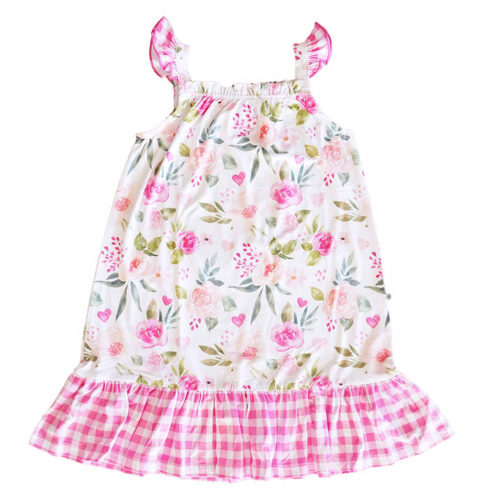 floral nightgown with pink gingham trim 