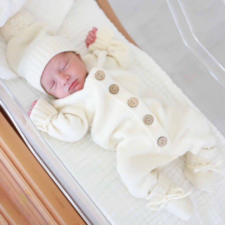 white gender neutral newborn sweater romper outfit