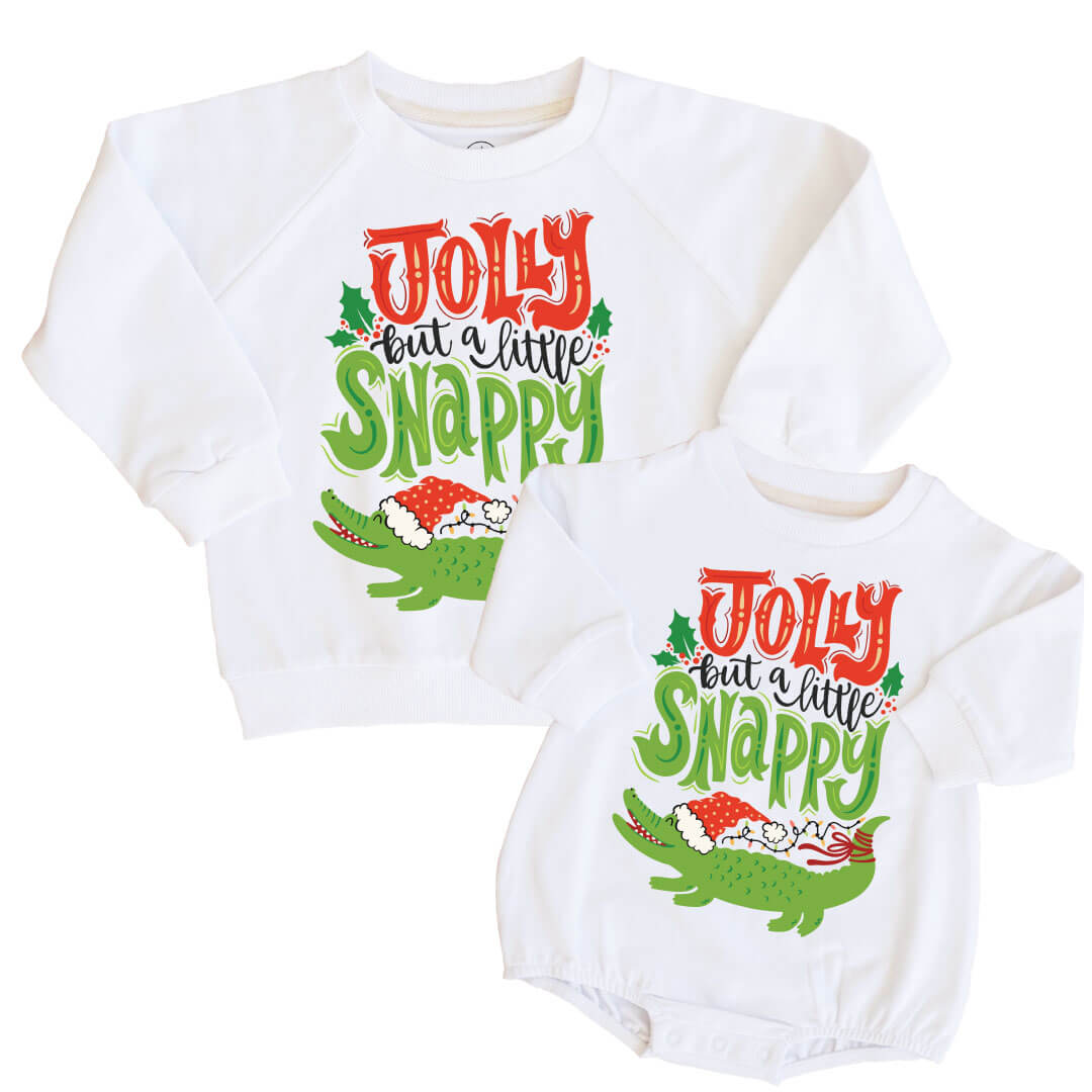 jolly but a little snappy graphic sweatshirt and sweartshirt bubble romper 