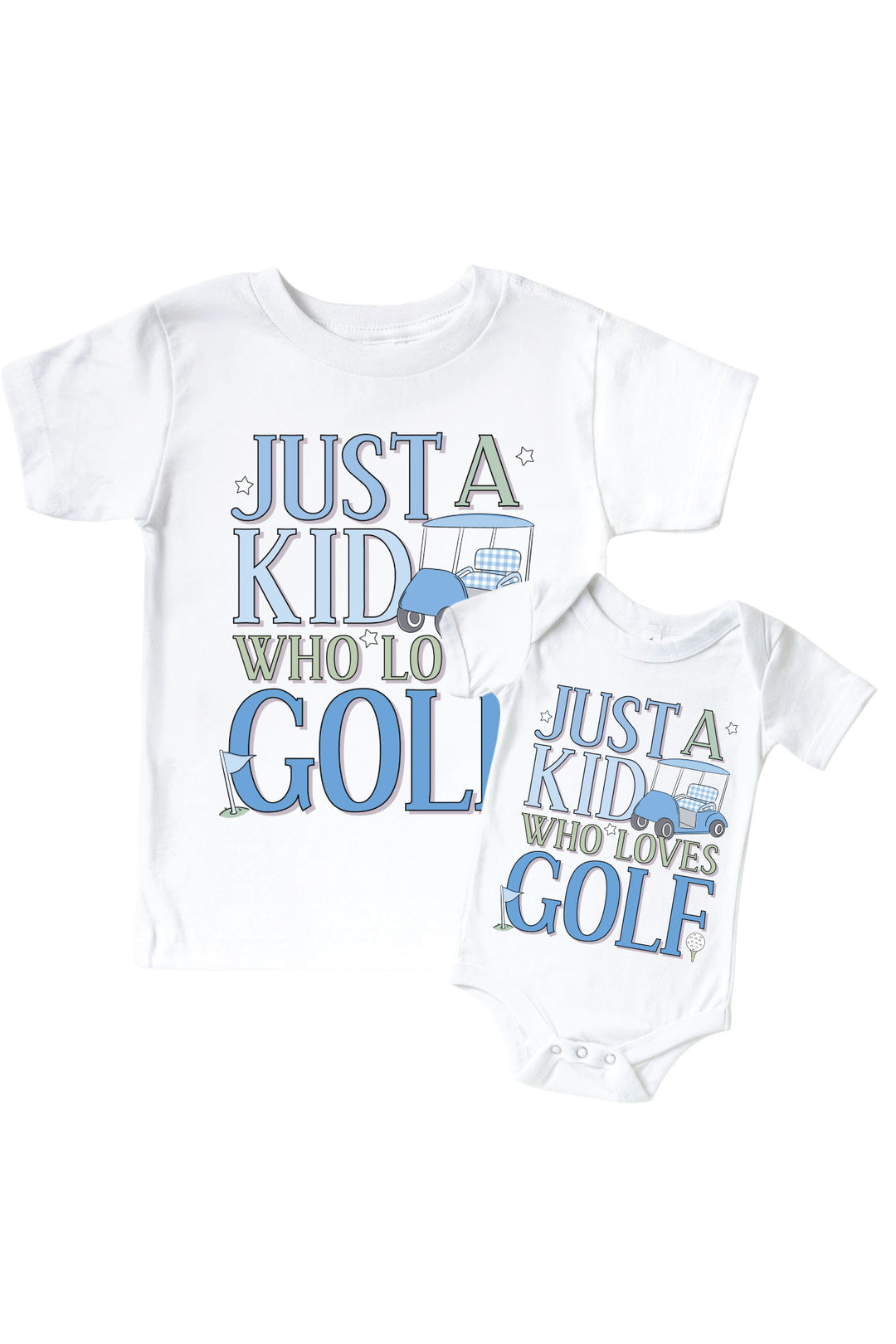 golf just a kid with golf love graphic bodysuit and kids tee set in white with blue print, caddie crew collection