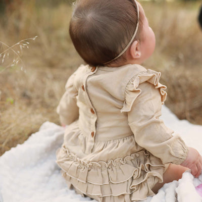 khaki bubble romper for babies with long sleeves