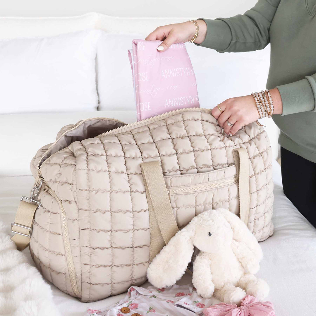 khaki quilted travel bag for women