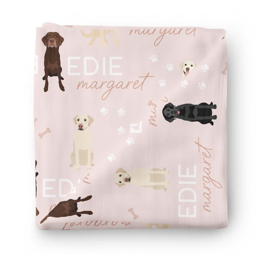 pink personalized baby name swaddle blanket with labs