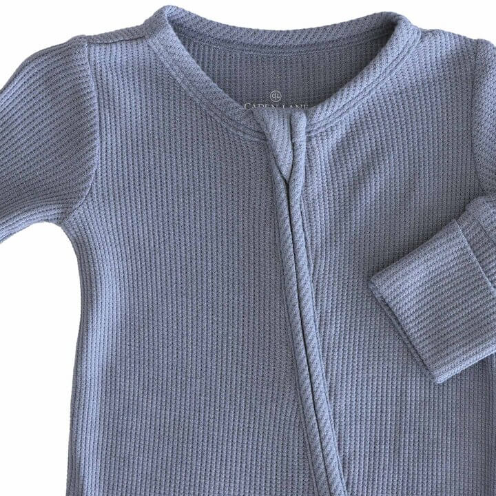 dusty blue bamboo waffle zipper footie for baby boys 