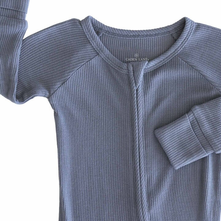 dusty blue bamboo waffle convertible zip romper pajama for baby and toddler boys 