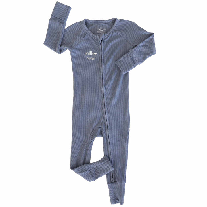 dusty blue bamboo waffle personalized convertible zip romper for baby boys 