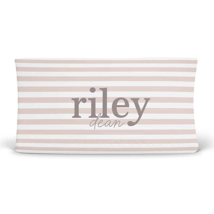 tan and white stripe personalized changing pad cover for babies 