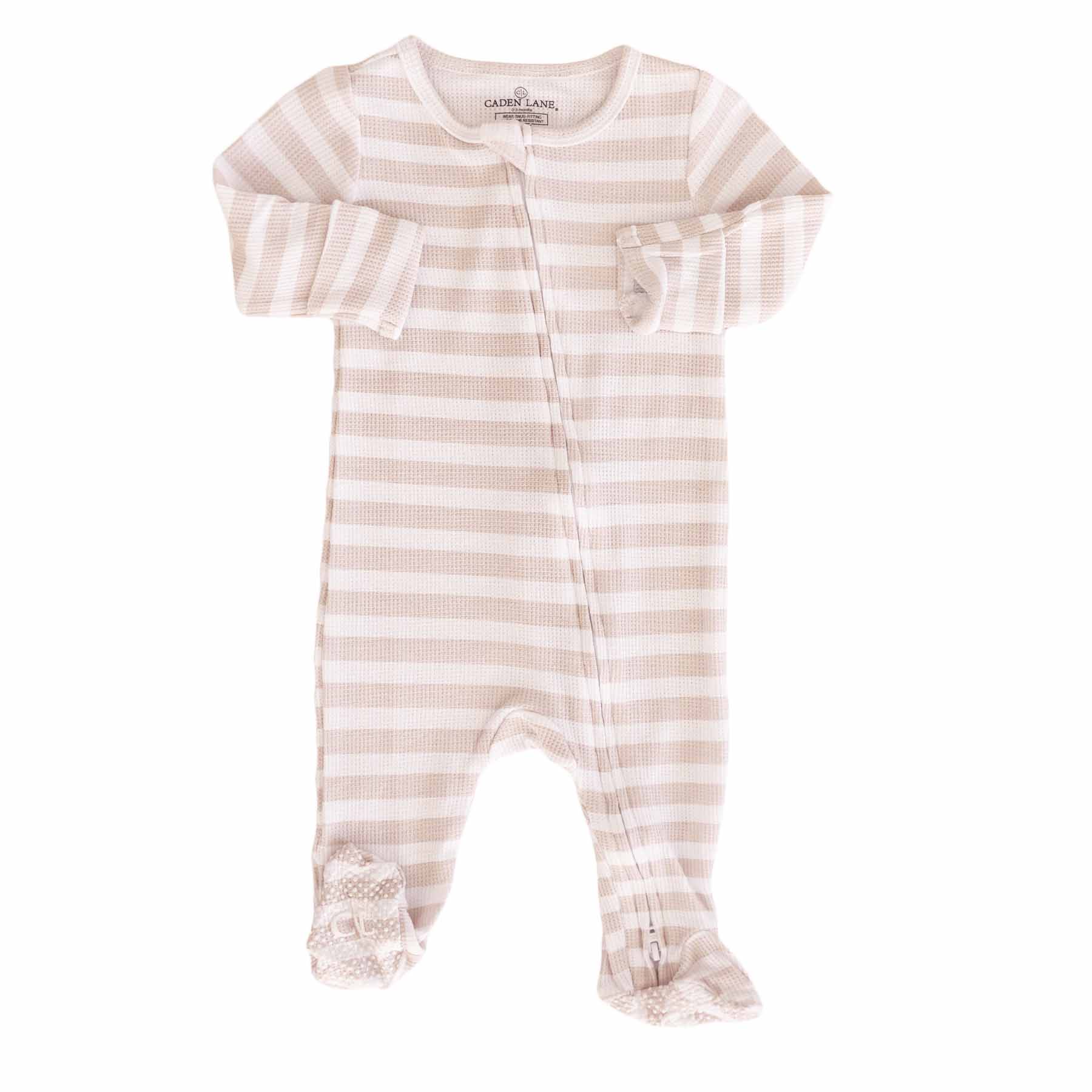 tan and white stripe bamboo waffle footie for babies