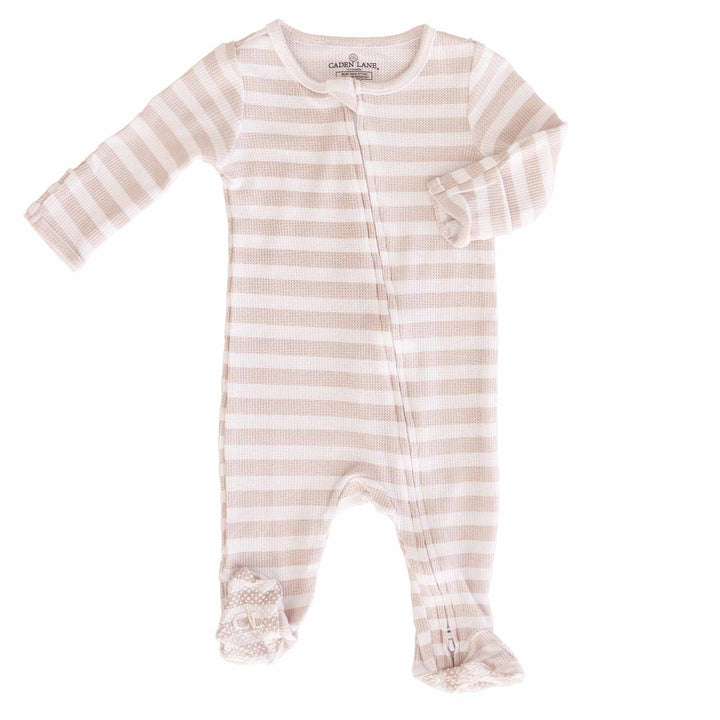 baby zipper footie tan and white stripes