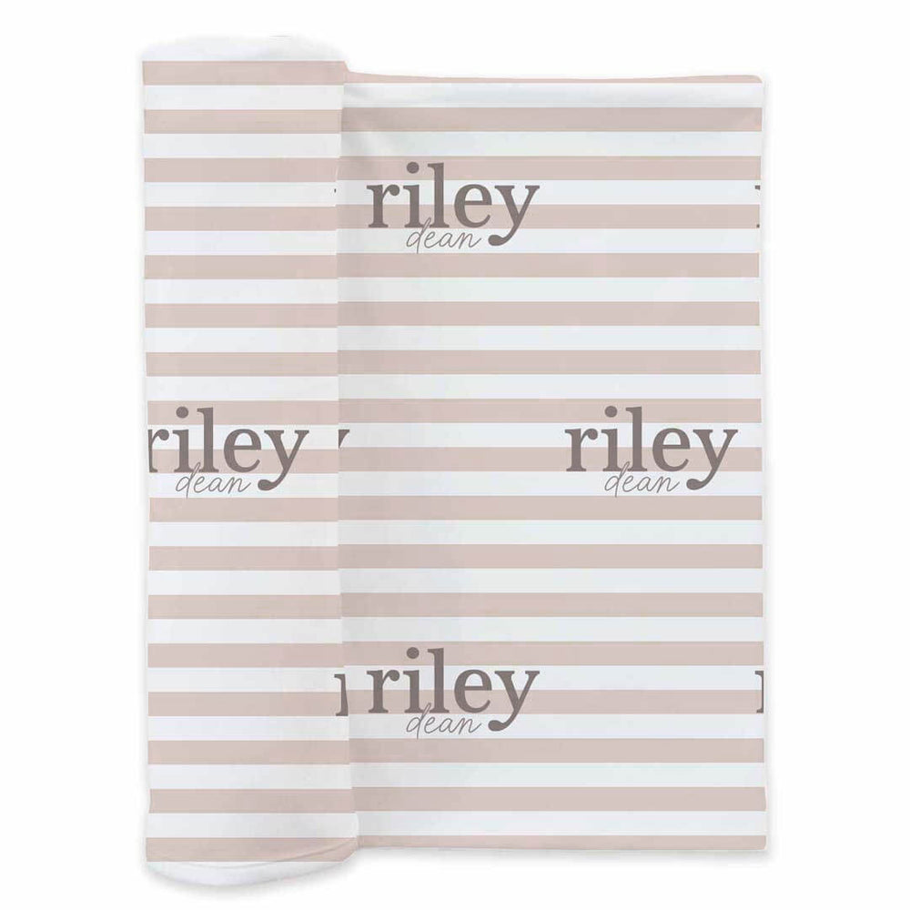 tan and white stripe personalized baby name swaddle blanket 