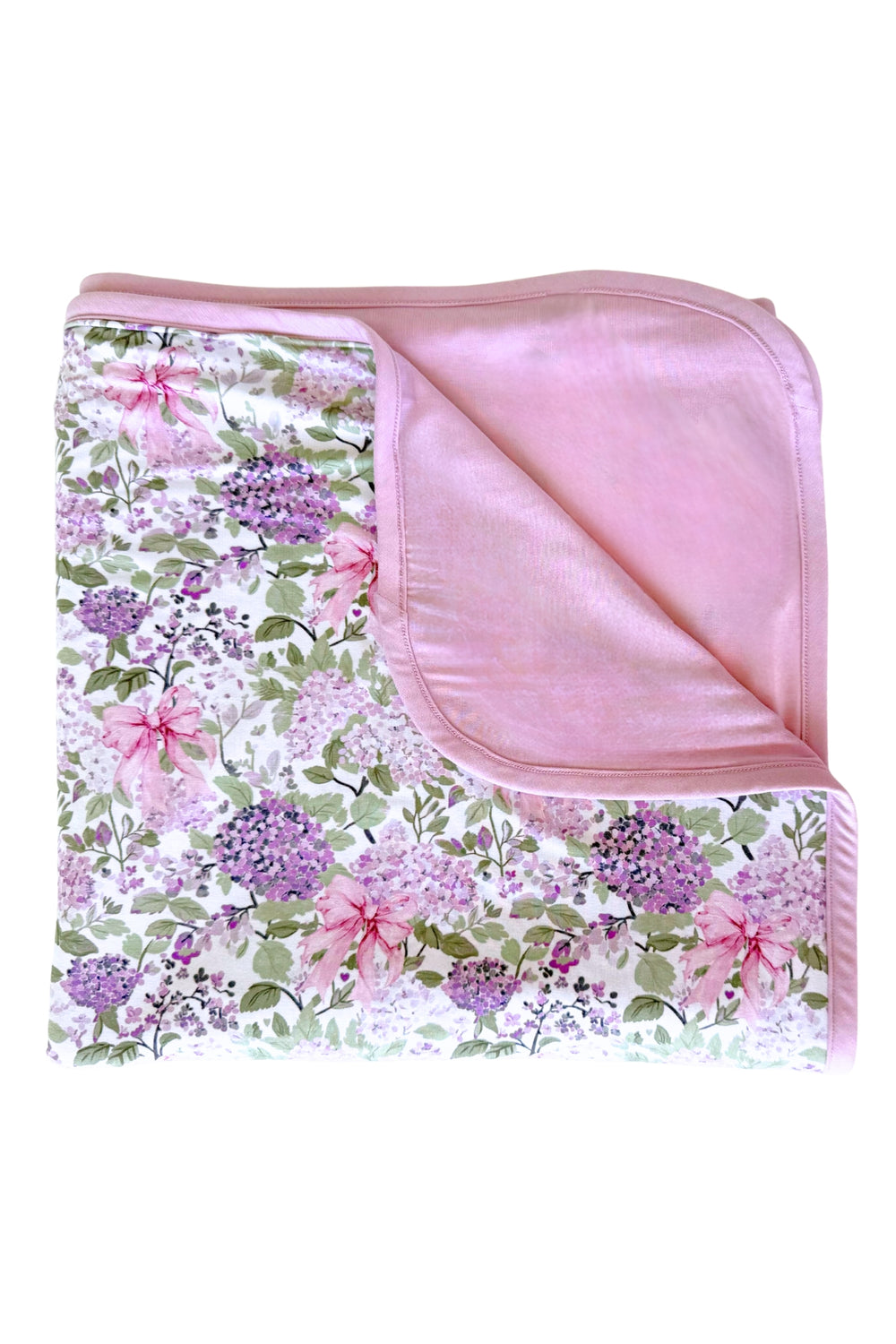 purple hydrangea and pink bow double sided bamboo blanket
