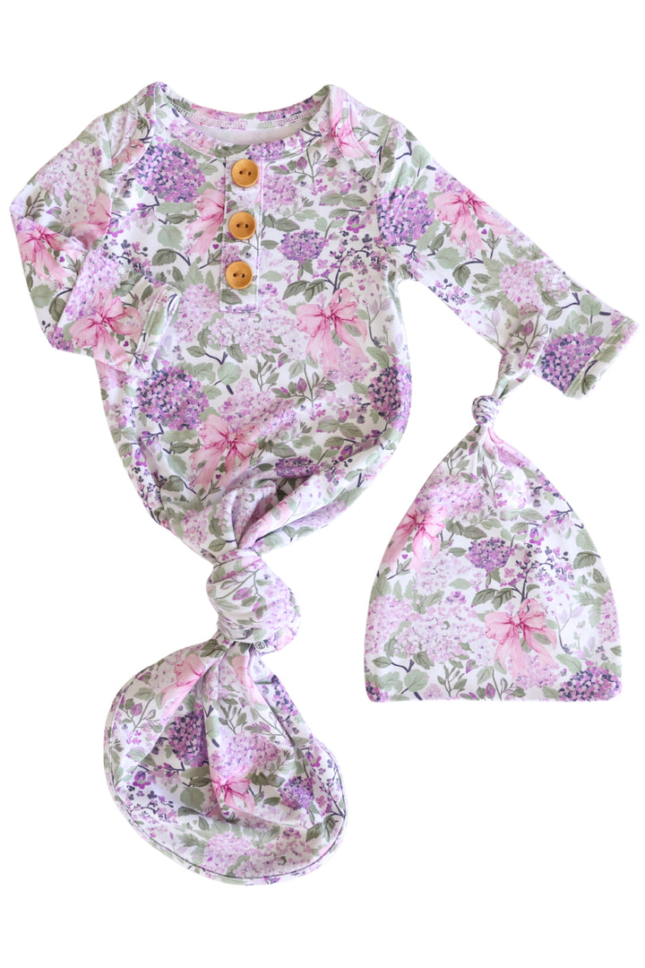 purple floral and pink bow knot gown and hat set