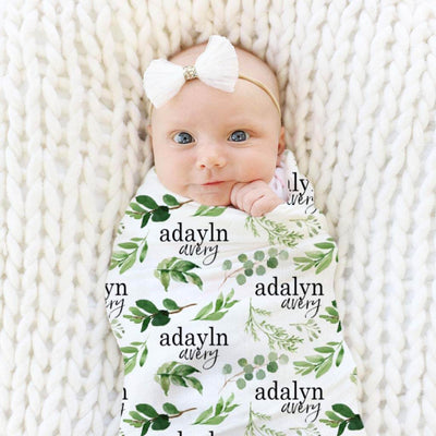 personalized swaddle blanket with green leaves