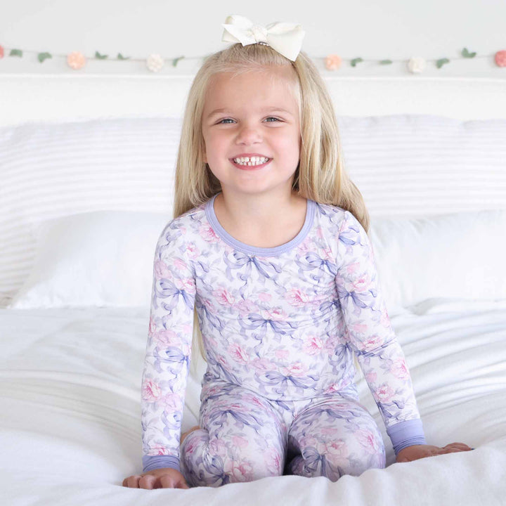 pink rose and purple ribbon bow two piece pajama set for girls 