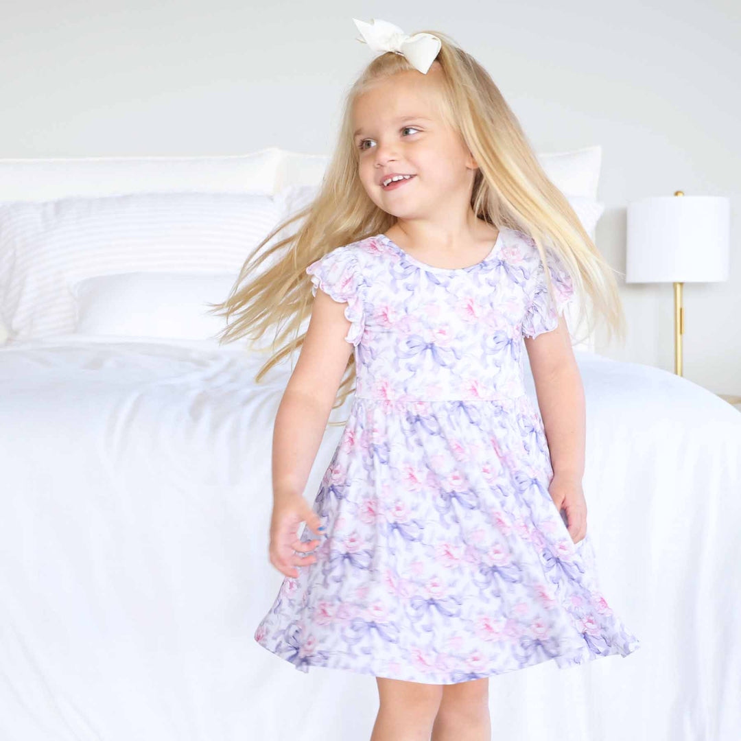 bamboo viscose leighton's lavender short sleeve ruffle twirl dress