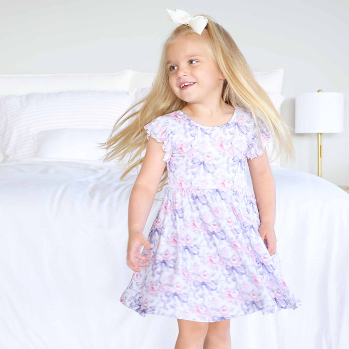 bamboo viscose leighton's lavender short sleeve ruffle twirl dress