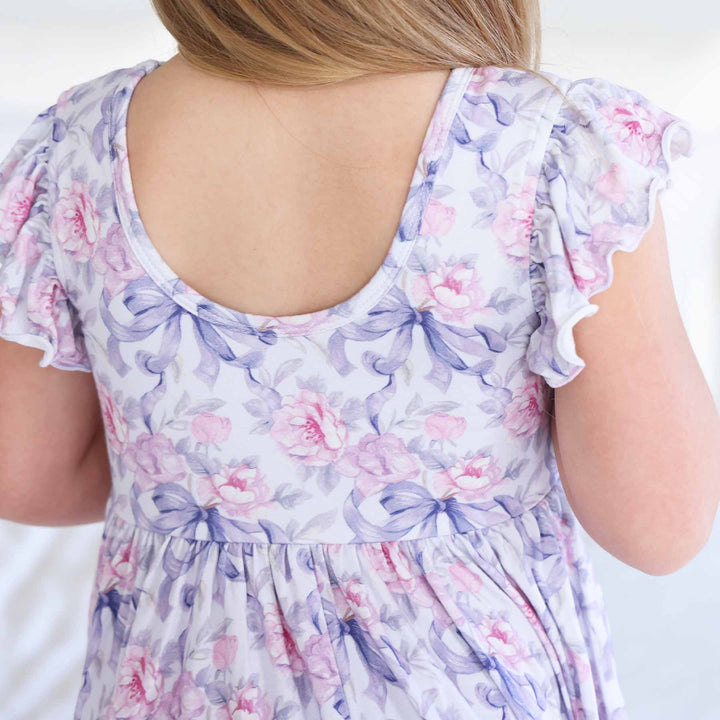 leighton's lavender ruffle sleeve scoop back dress