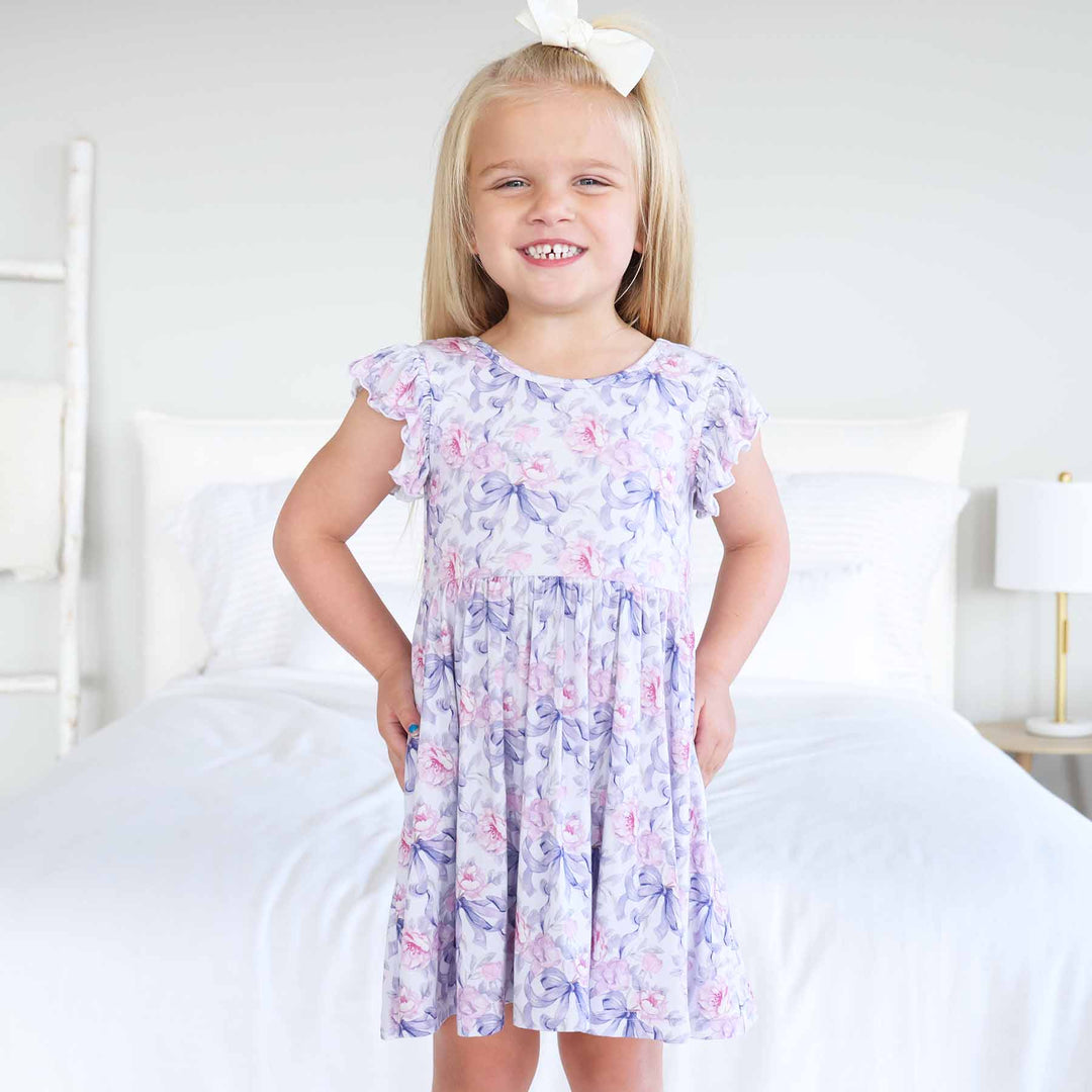 knee length short ruffle sleeve twirl dress for girls leighton's lavender 