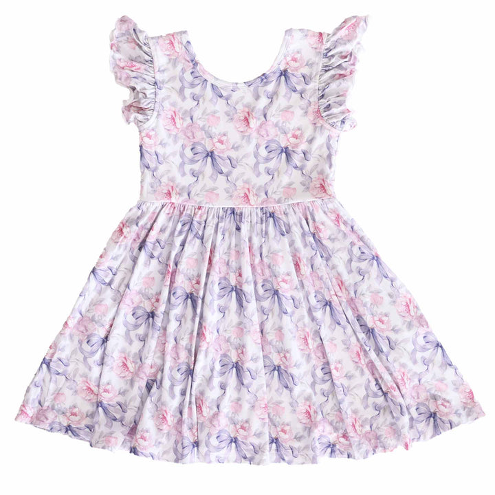 pink and purple bow and floral ruffle sleeve twirl dress