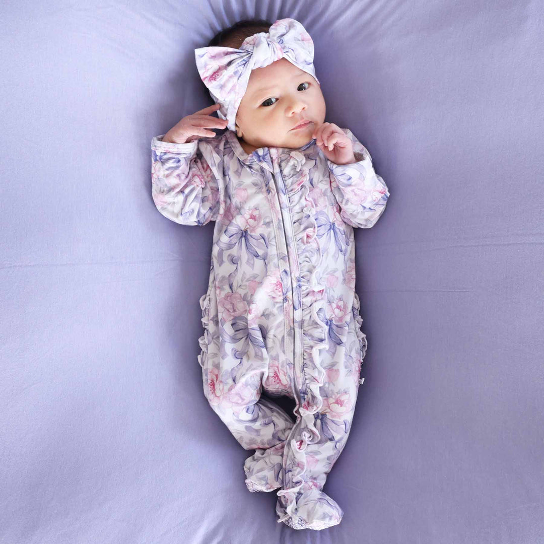 leighton's lavender baby knit large bow headwrap pink and purple floral 