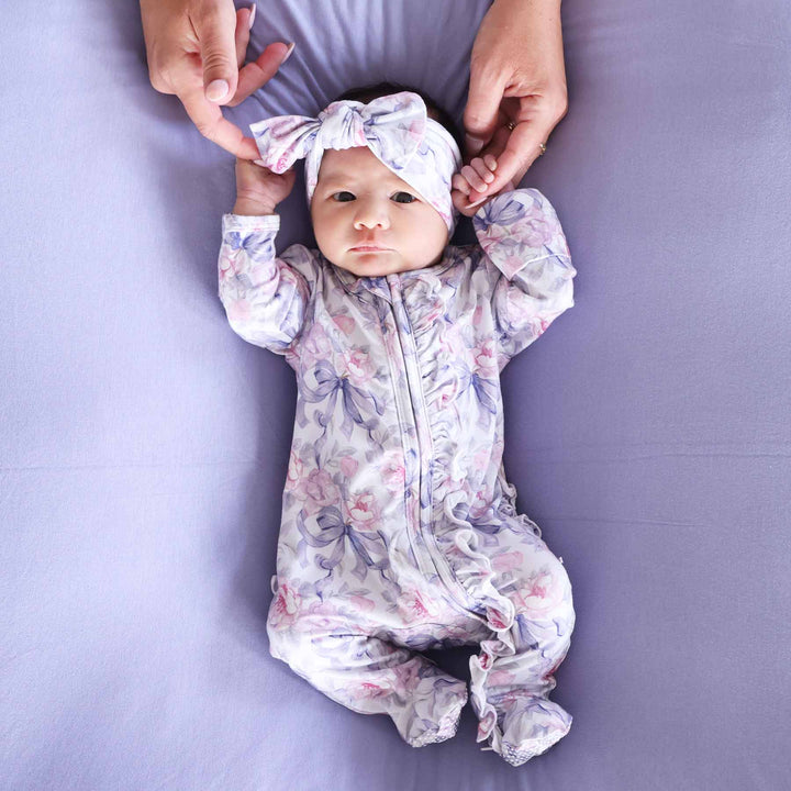 leighton's lavender pink and purple flower and bow ruffle zipper footie pajama 