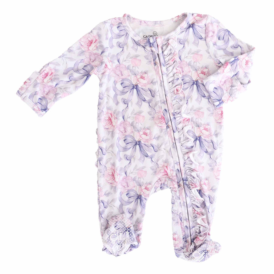 leighton's lavender ruffle footie flat lay