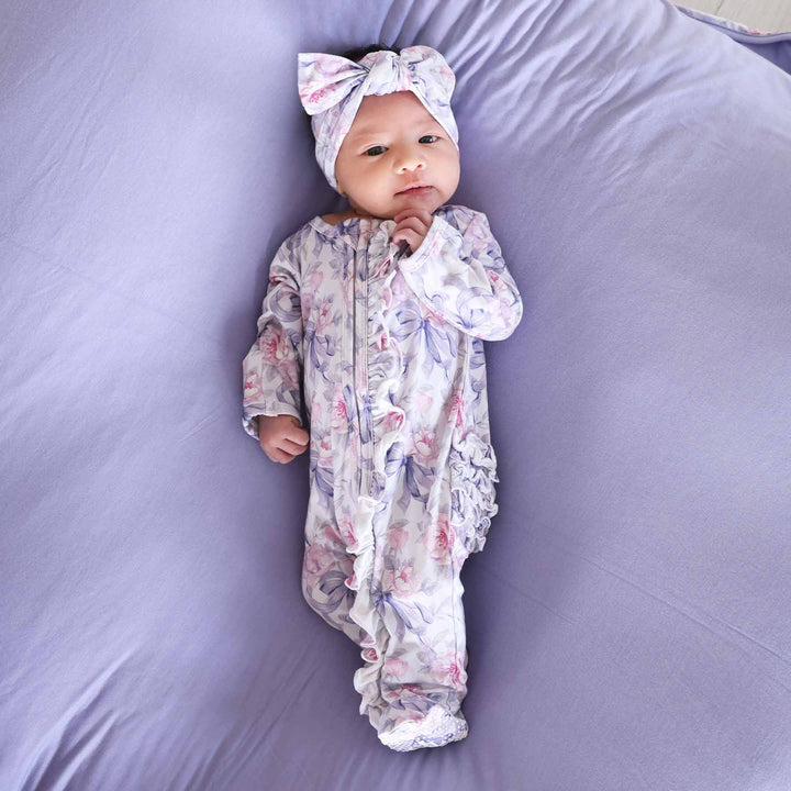 leighton's lavender bamboo viscose ruffle zipper footie for baby girls 