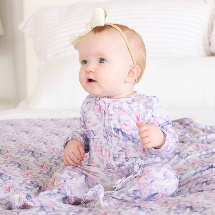 pink and purple rose and ribbon bow ruffle footie for babies