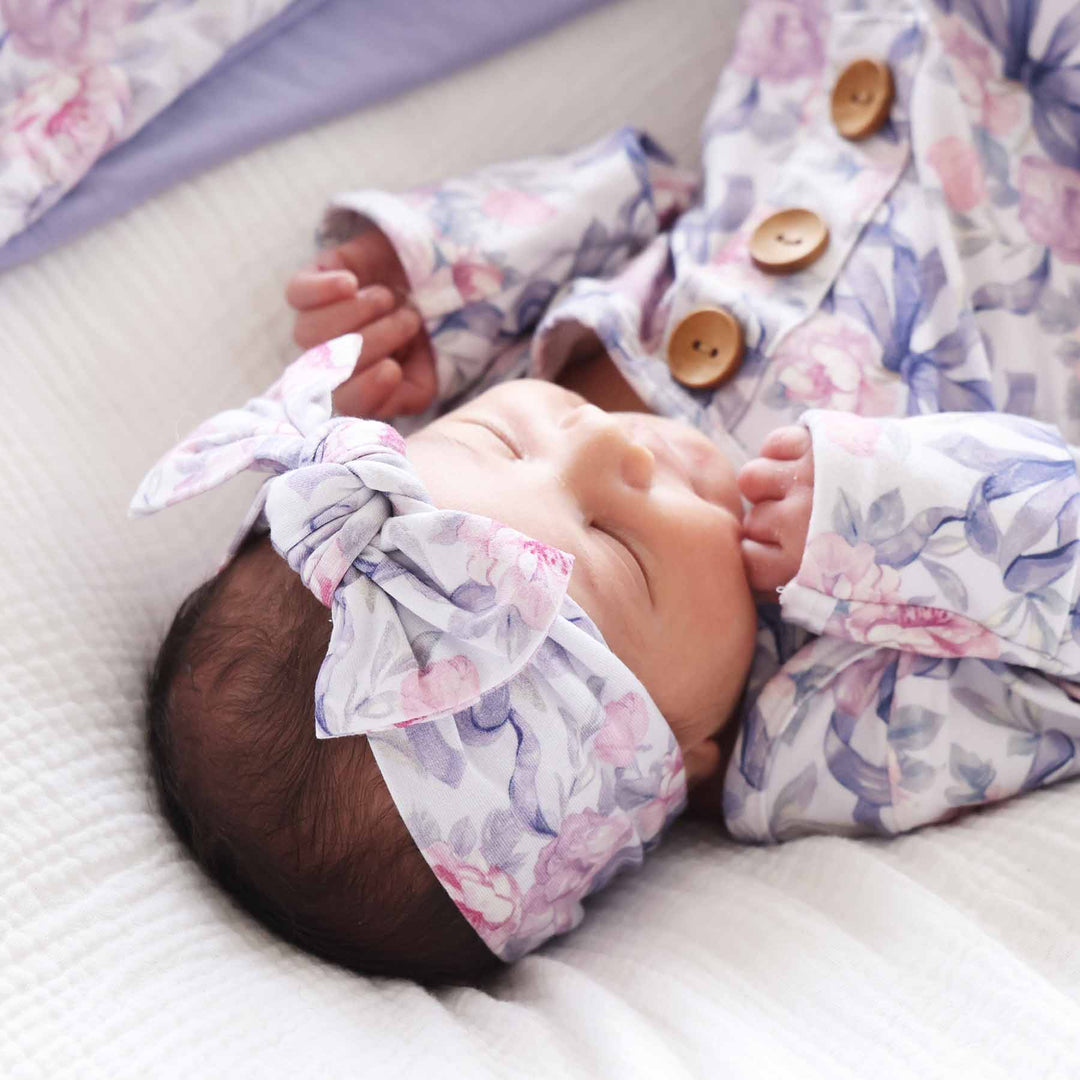pink and purple bow and floral knit bow headwrap for babies 