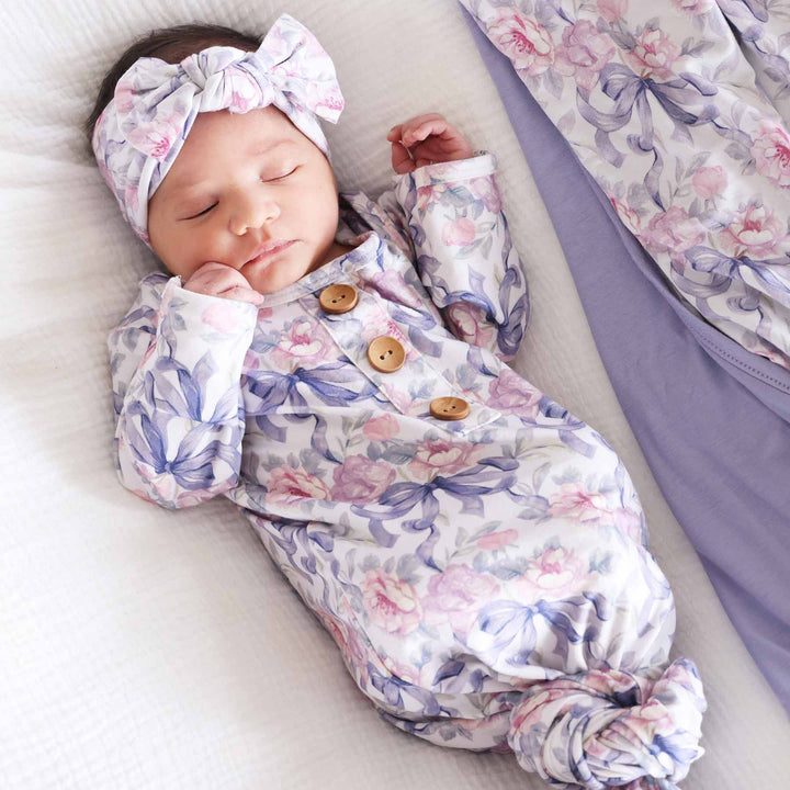 pink and purple floral and bow bamboo viscose knot gown and hat set for baby girls 