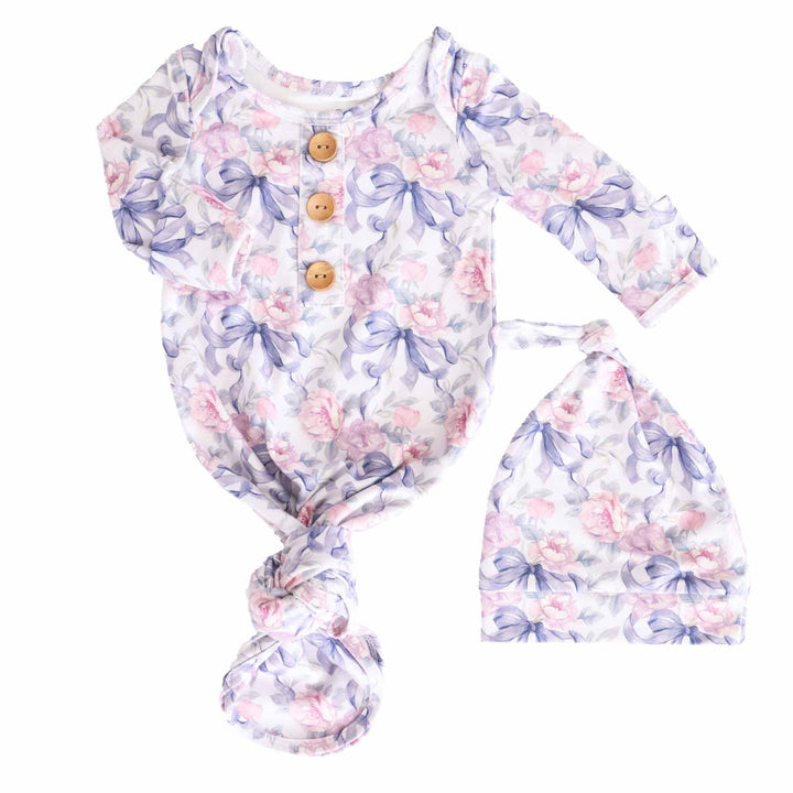 pink and purple floral and bow newborn knot gown and hat set for babies 