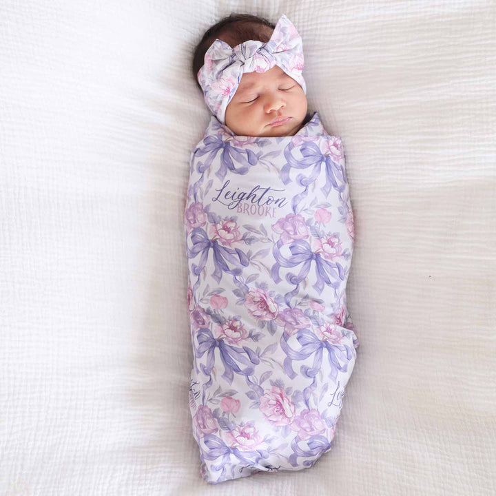 leighton's lavender personalized swaddle blanket for babies 