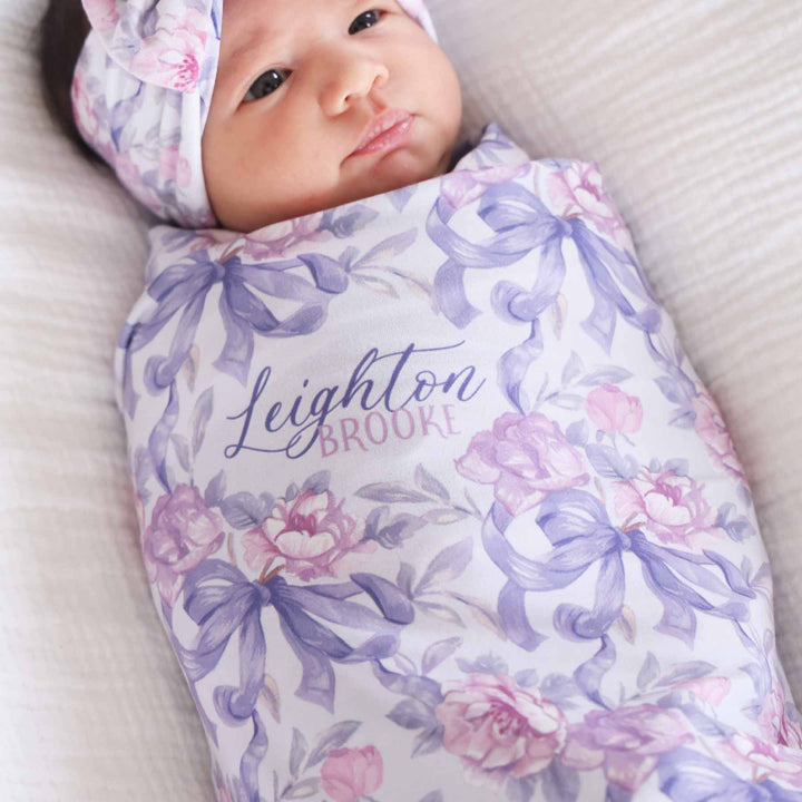 pink rose and purple bow personalized baby swaddle blanket 