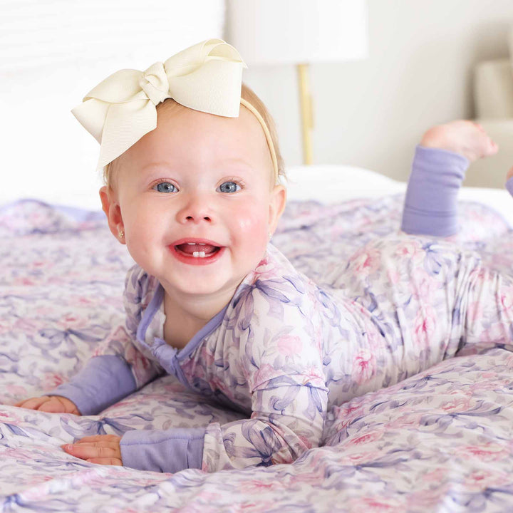 baby and toddler pink and purple floral and bow convertible zip romper