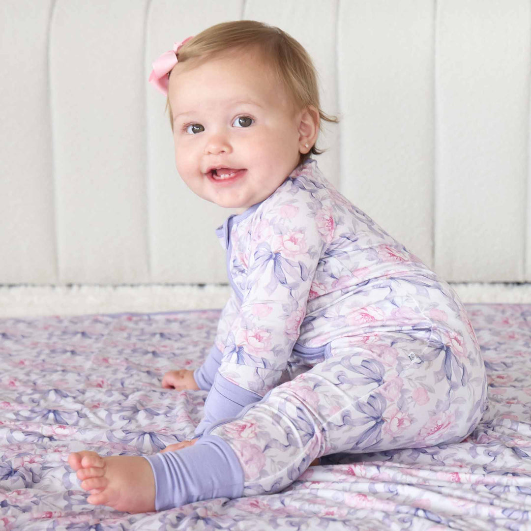 purple trim pink rose and purple ribbon bow convertible zip romper pajama for baby and toddler girls 