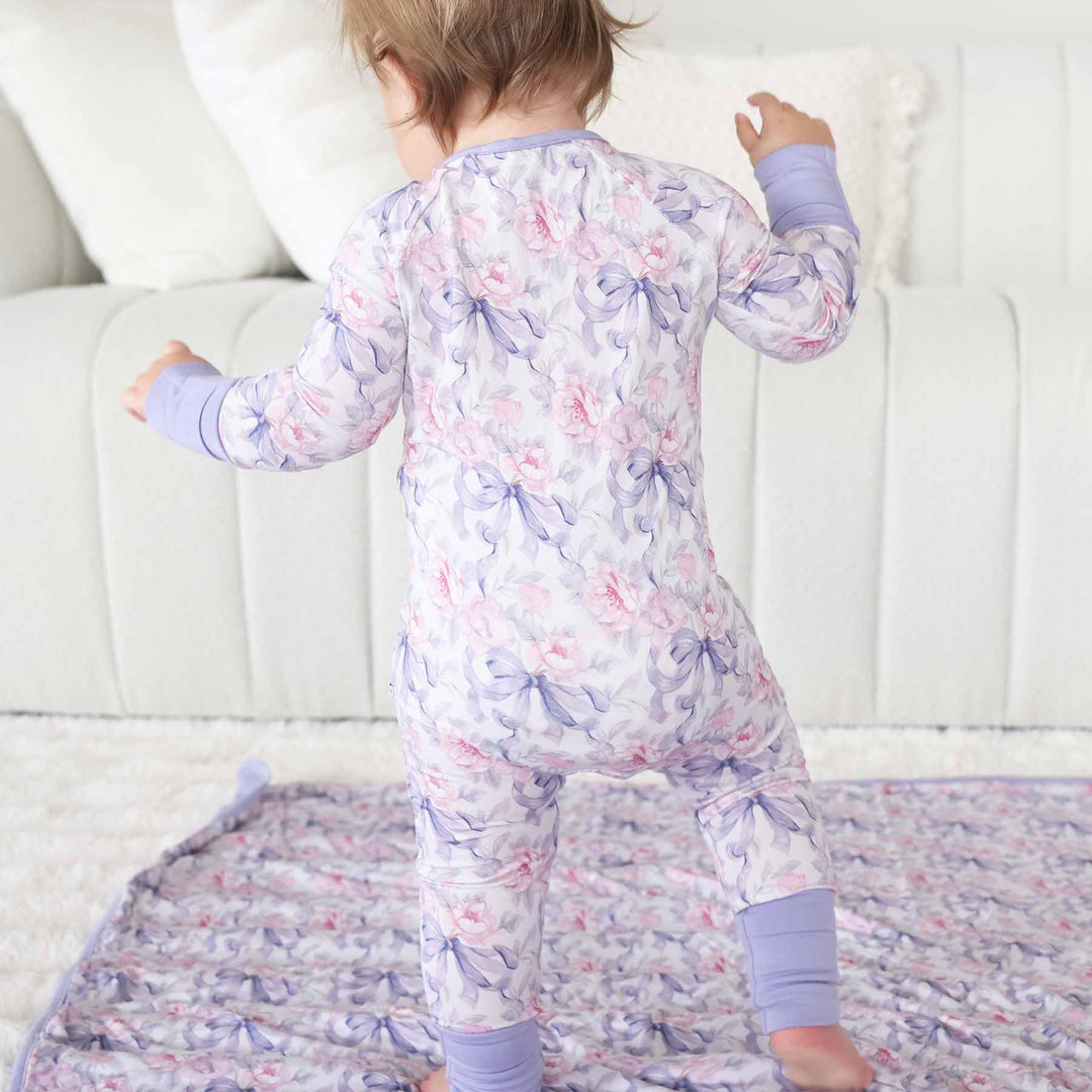 bamboo viscose convertible zip romper pink roses and purple ribbon bows 