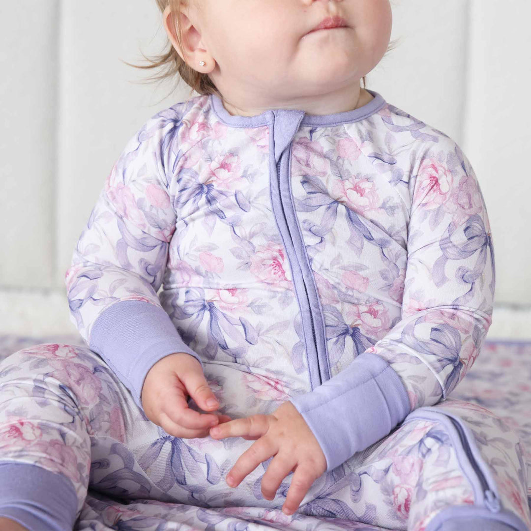 leighton's lavender bamboo viscose double zipper convertible pajama romper for baby and toddler girls 