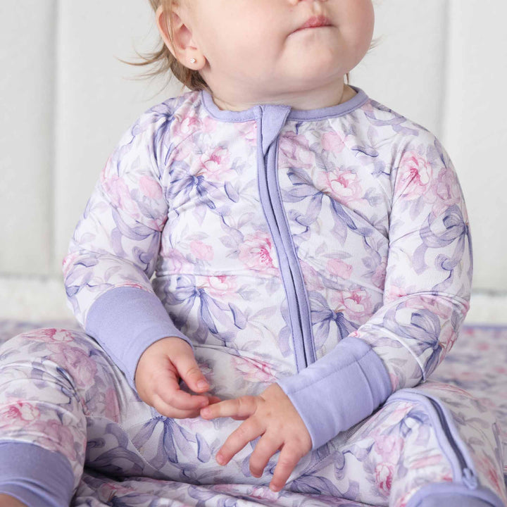 leighton's lavender bamboo viscose double zipper convertible pajama romper for baby and toddler girls 