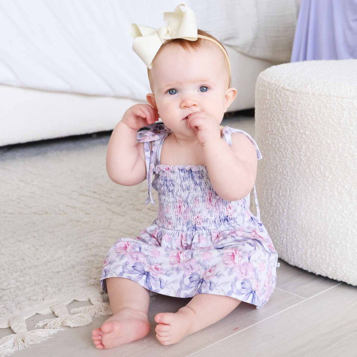 bamboo viscose smocked twirl bodysuit for babies leighton's lavender 