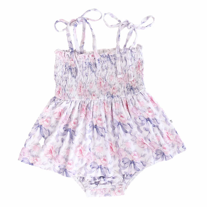 girl's smocked bodysuit with snaps purple ribbon and pink floral