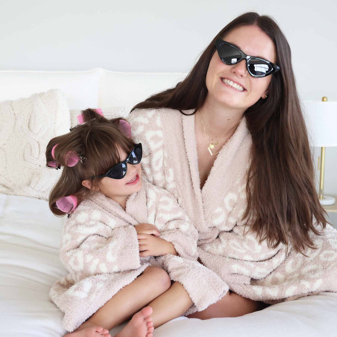 mommy and me matching cuddlelane luxe neutral leopard microfiber robes 