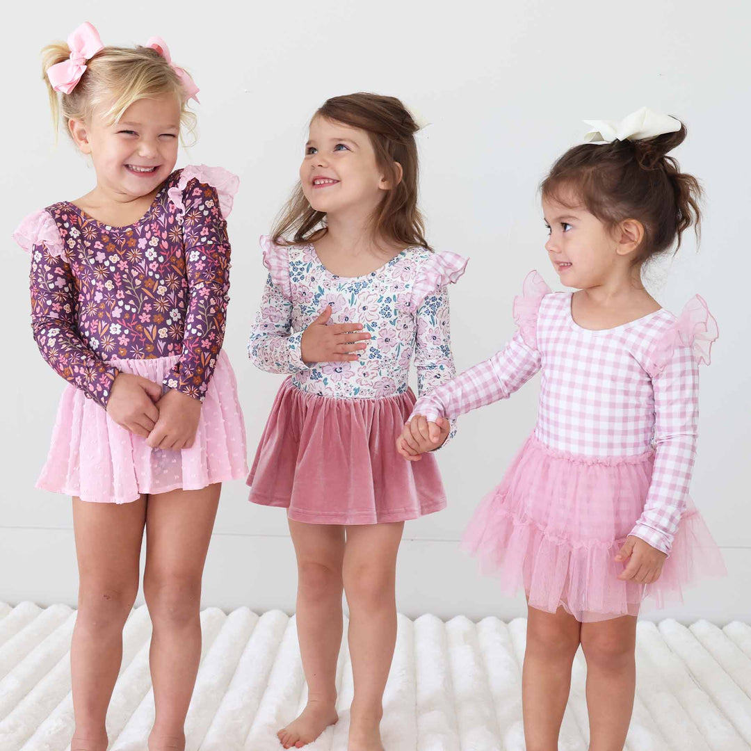 floral and gingham long sleeve leotards for fall 