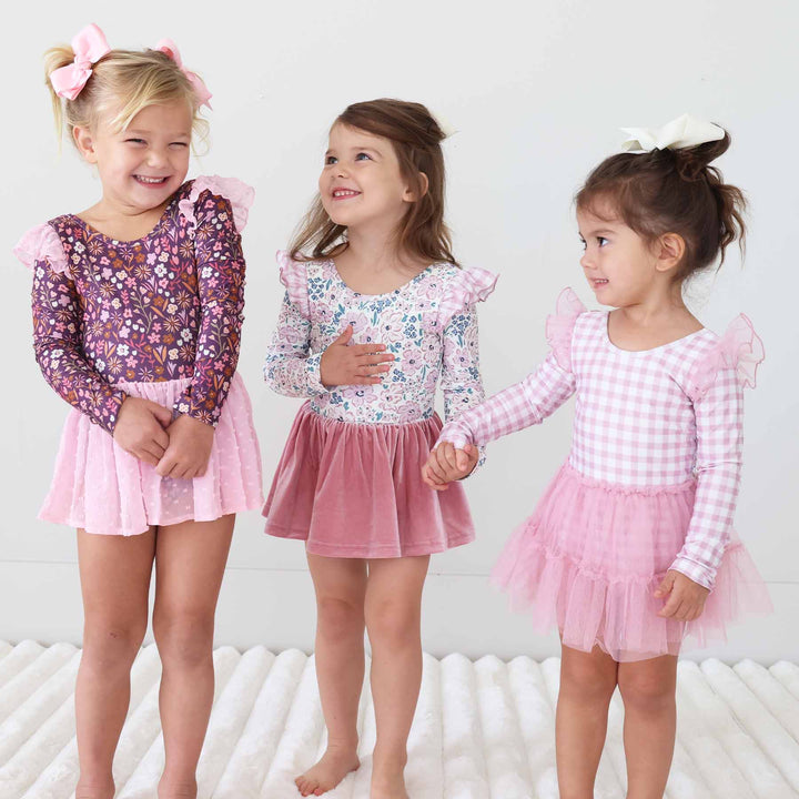 floral and gingham long sleeve leotards for fall 